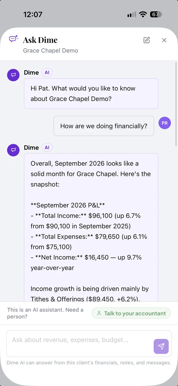 Ask Dime answering a financial question on a phone