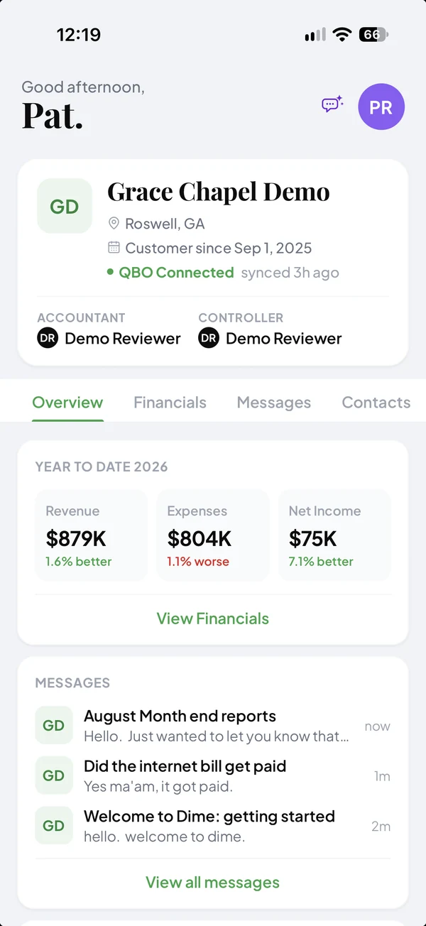 Dime App on a phone showing year to date revenue, expenses, and net income
